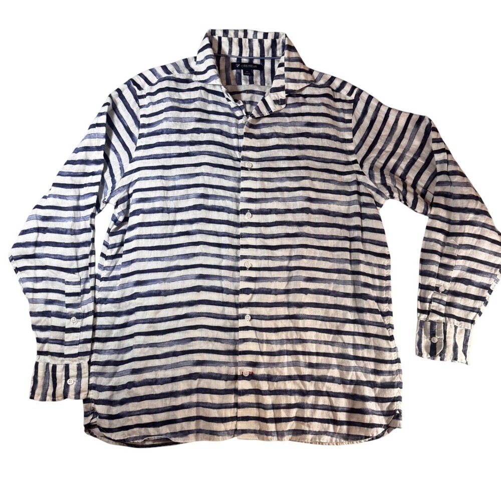 Cremeux 100% Linen Blue White Striped Button Front Shirt Long Sleeve - Picture 2 of 8